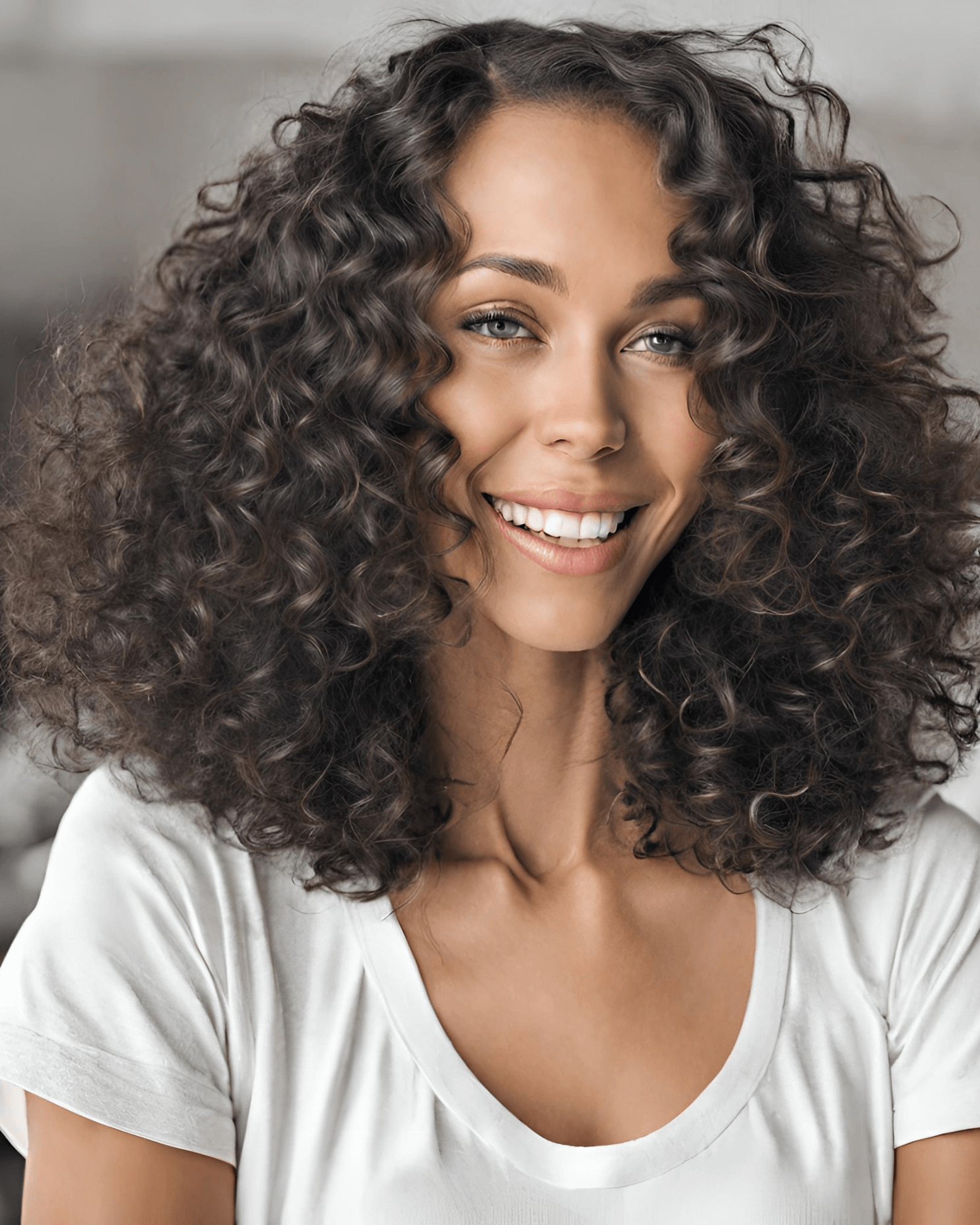 Smiling woman with curly hair wearing a white t-shirt, showcasing natural beauty and confidence.