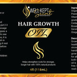 Well Kept Secret Hair Growth Oil label showcasing natural ingredients and usage instructions for stronger, longer hair.