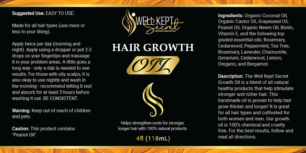 Well Kept Secret Hair Growth Oil label showcasing natural ingredients and usage instructions for stronger, longer hair.